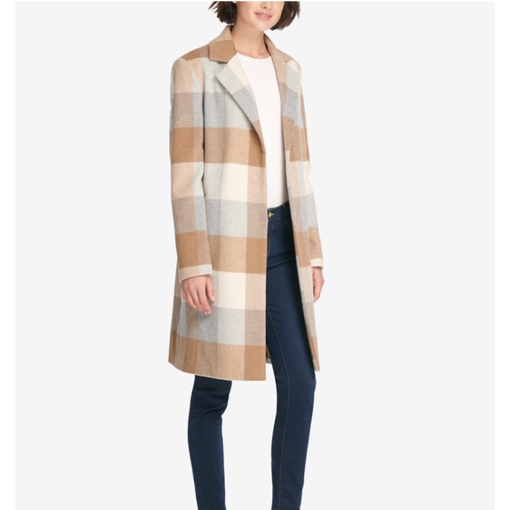 DKNY Single Breasted Plaid Woven Walker Coat